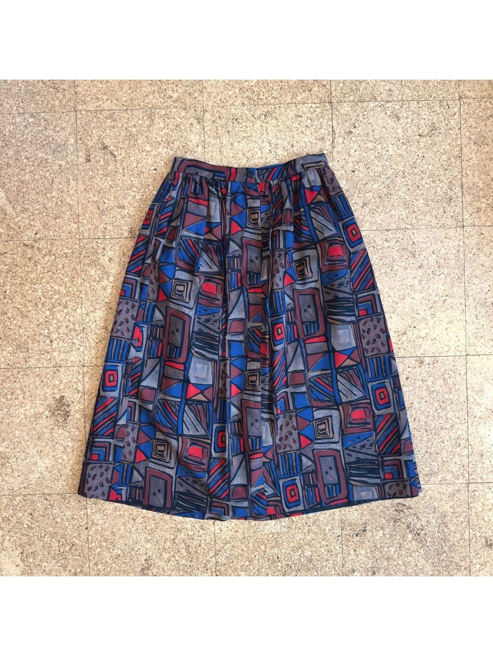 Vintage Viyella Pleated Wool Midi Skirt Women's US S/M (UK 16) Blue Red Abstract